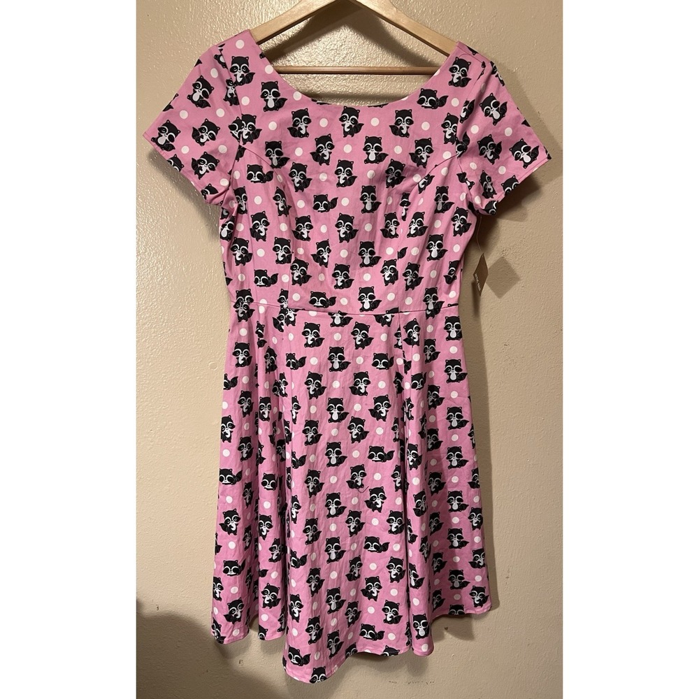 NWT Eva Rose Dress Pink Gray Raccoon Print Short Sleeve Retro Pin Up Women's XL